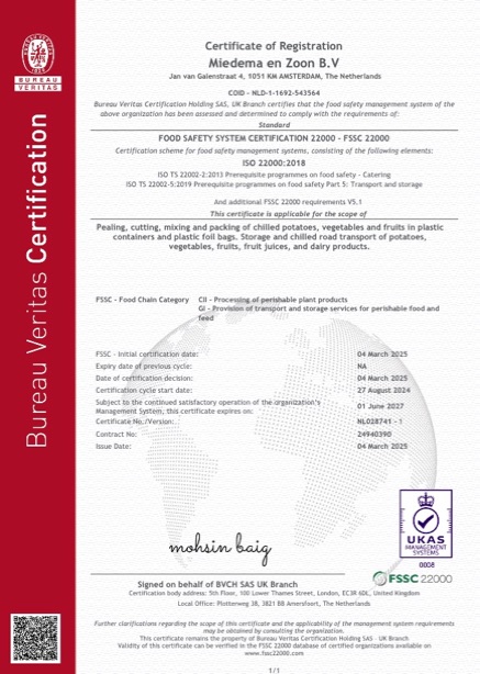Miedema-AGF HACCP certificaat 2020